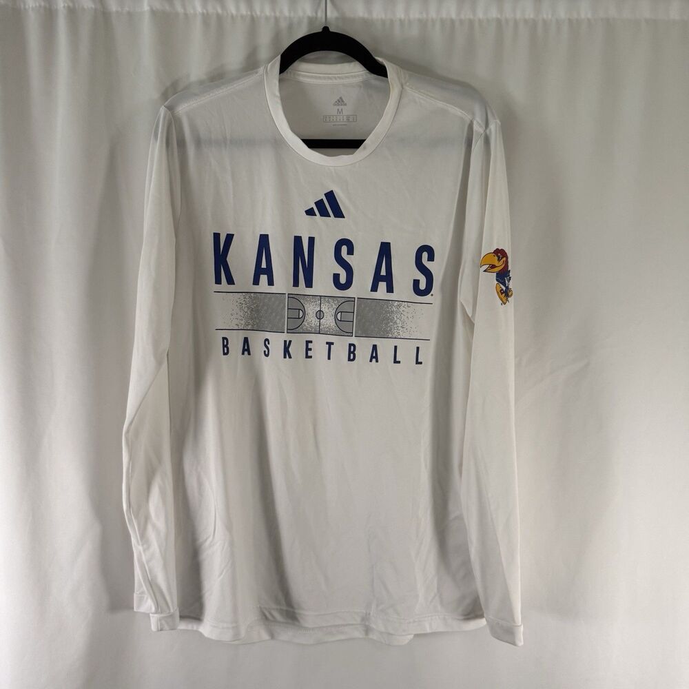 KU Jayhawks Basketball ADIDAS Shirt Men's Medium White Long Sleeve Crew Neck